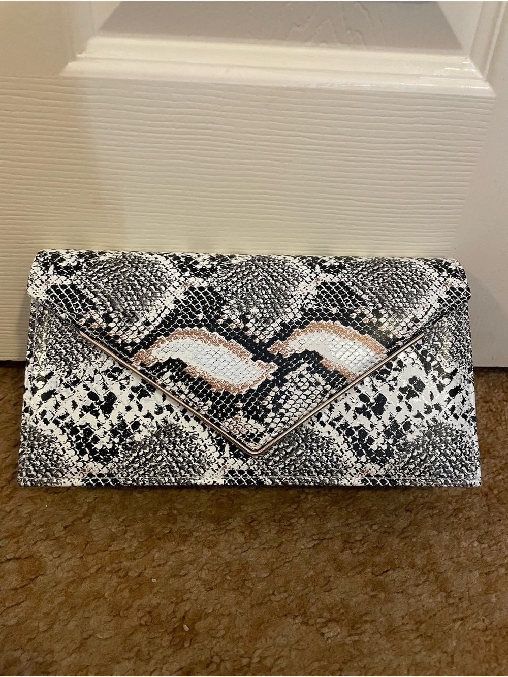 Snake-Print Envelope Clutch in Black & White